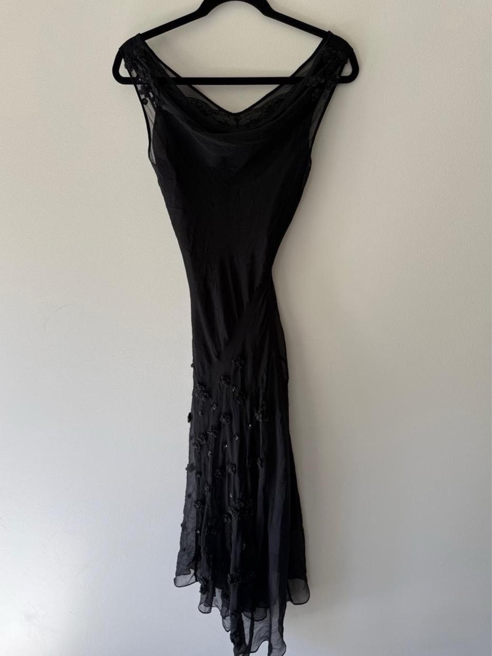 vintage mixit 100% silk beaded asymmetrical maxi dress with cowl neck